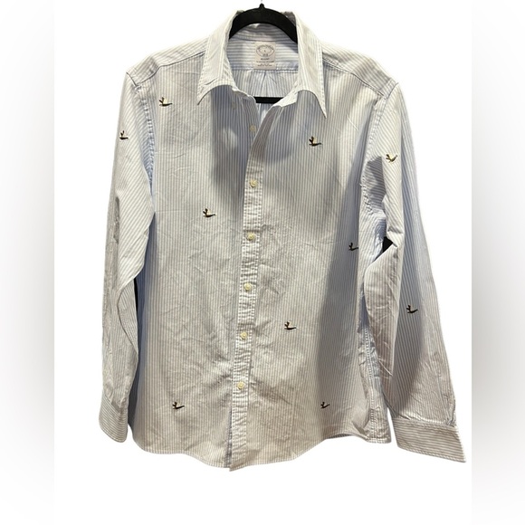 Brooks Brothers Bird-Embroidered Striped Cotton Poplin Shirt Size L red fleece - Picture 1 of 8